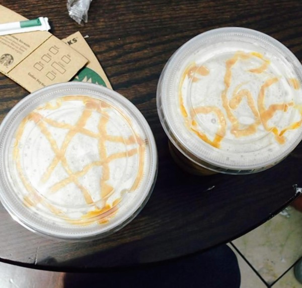 photo of satanic Starbucks drinks 666 and pentagram