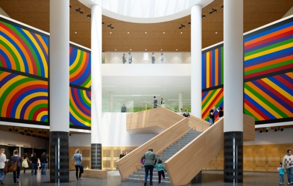 Rendering of the renovated staircase and atrium. 