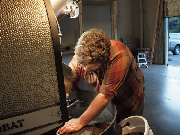 CJ Speelman of Tanager Coffee roasting at Aspect. Photo by Emily McIntyre. 