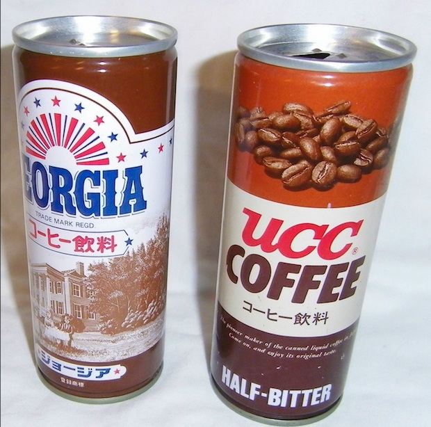 Vintage UCC coffee can pictured next to a bottled "Georgia" coffee drink, made by Coca-Cola for the Japan market. 