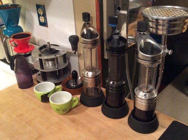 The complete evolutionary line of Orphan Espresso hand grinders at the Garotts' home workshop in Idaho.