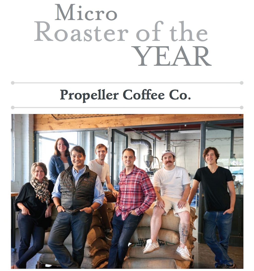Propeller Coffee Co. from left to right: Kristi Tethong, director of events; Meghan Goodfellow, director of operations and customer service; Losel Tethong, co-founder and co-owner; Matthew Collier, barista and cafe supervisor; Geoff Polci, co-founder, co-owner and coffee buyer; Eric Bruce, head roaster; Jonathan Cox, head of coffee lab and assistant roaster. (Not pictured: Eric Mahovlich, barista and trainer.) Photo by Alex Beetham.
