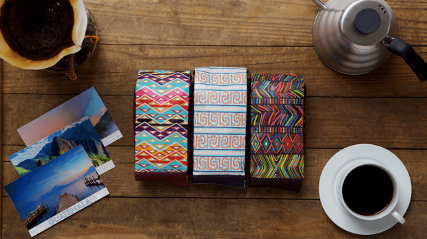 Atlas Coffee Club packaging, with patterns representing each country of origin, and no Atlas brand name on the front. 