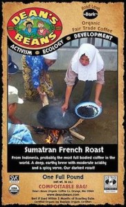 Licensed photos on the back of Dean's Beans bags. Pictured is Aminah from the village of Tanah Abu, Sumatra. 