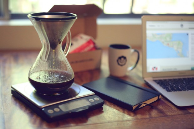 CremaCo - Chemex brewing beside computer - angle