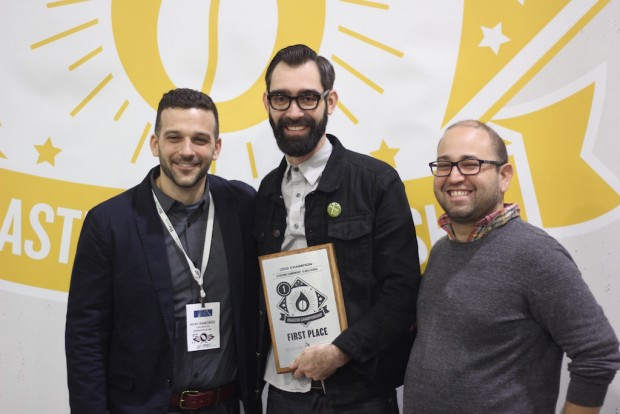 Querio pictured with Noah Namowicz (left) and Piero Cristiani (right) of Cafe Imports. Daily Coffee News photo.