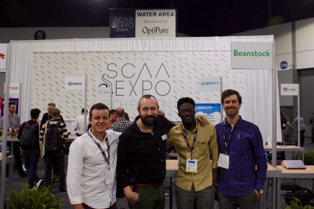 At the SCAA Event, Beanstock co-founders Manuel Jimenez (far left), Lere Williams (center right) and Nick Spilger (far right) pictured with Stephen Morrissey. 