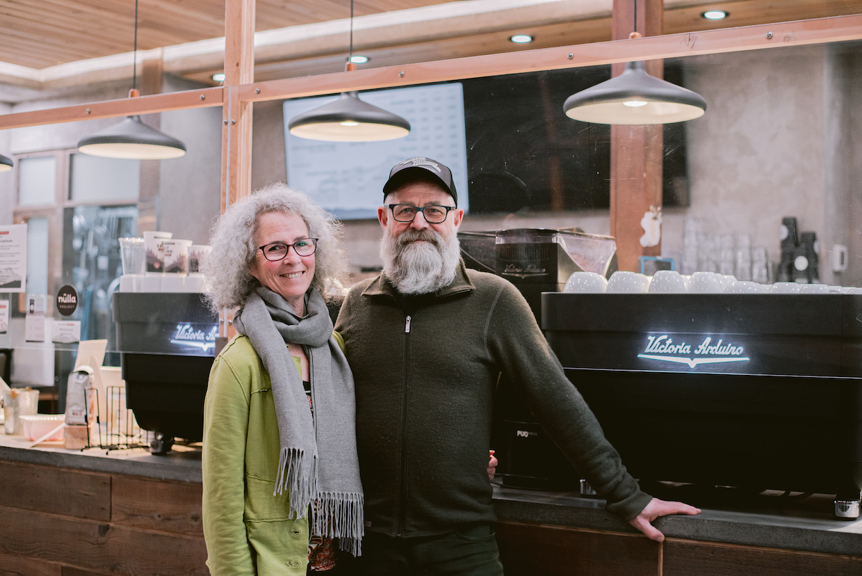 Mickey McLeod (right) and Robbyn Scott (left) in their Salt Spring Coffee Café & Kitchen in Ganges, BC