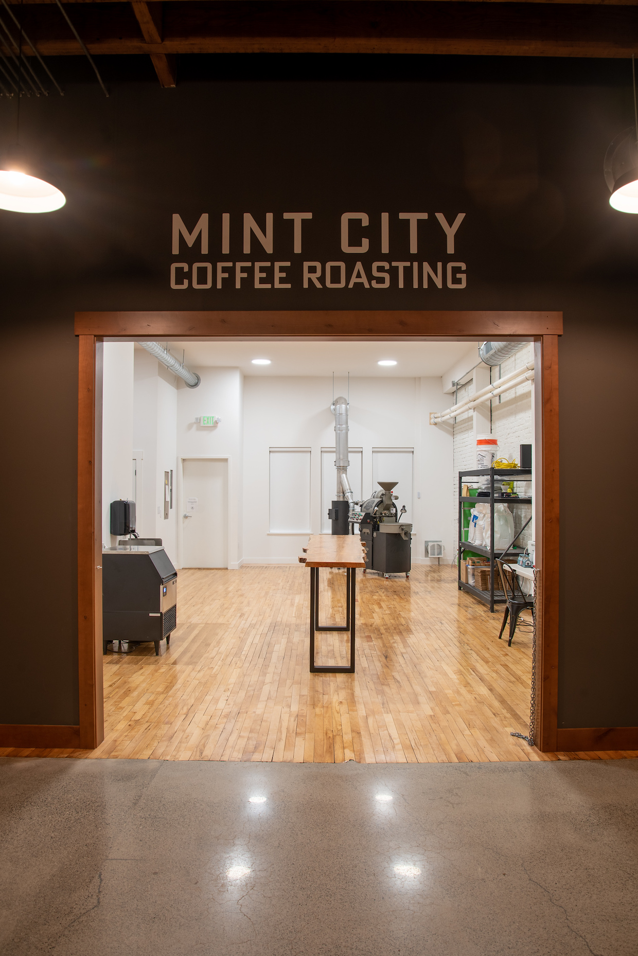 Mint City wall lettering and roasting area