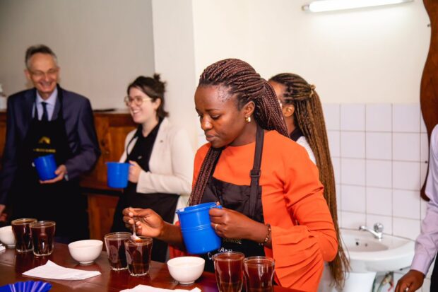Laetitia Mukandahiro cupping Rwanda coffee